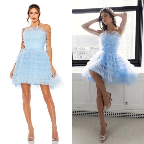 Mac Duggal 20529 Blue Feathered Strapless Tulle Fit and Flare Dress Size 8